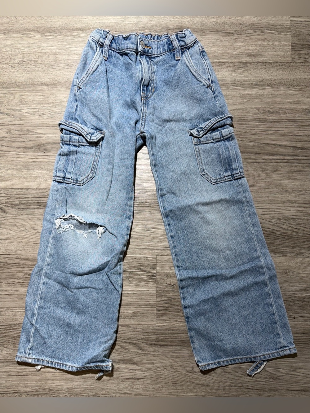 Old Navy Baggy Wide Leg Cargo Jeans Youth Girls Light Wash Distressed y2k
